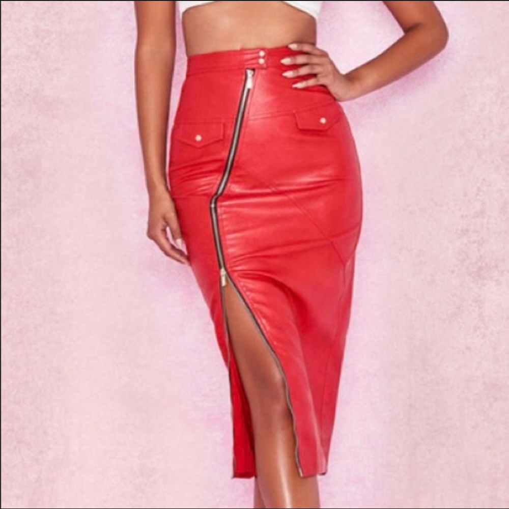 House of CB Red Vegan Leather Maxi-Skirt, XS, 32”